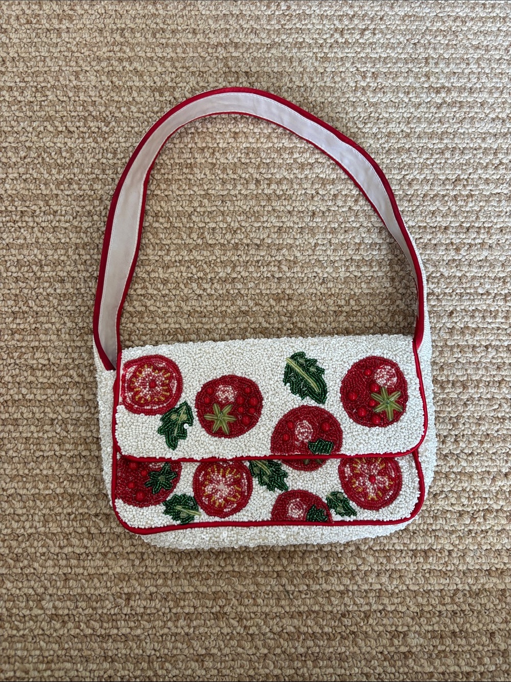 Beaded White Shoulder Bag with Red Tomato Motif